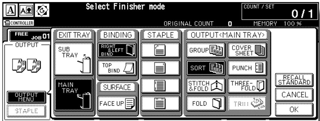 Select Finisher mode COUNT / SET 0 / 1 CONTROLLER ORIGINAL COUNT 0 MEMORY 100 % FREE JOB 01 OUTPUT SUB TRAY MAIN TRAY STAPLE BINDING RIGHT & LEFT BIND TOP BIND SURFACE FACE UP STAPLE OUTPUT GROUP COVER SHEET SORT PUNCH STITCH &FOLD THREE-FOLD FOLD TRUE RECALL STANDARD CANCEL OK