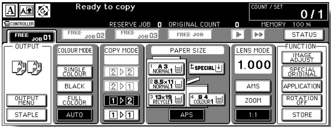 Ready to copy COUNT / SET 0 / 1 CONTROLLER RESERVE JOB 0 ORIGINAL COUNT 0 MEMORY 100 % FREE JOB 01 FREE JOB 02 FREE JOB 03 FREE JOB STATUS OUTPUT COLOUR MODE COPY MODE PAPER SIZE LENS MODE FUNCTION A B A B SINGLE COLOUR BLACK FULL COLOUR 1 > 2 1 > 1 ABS NAME: IMAGE ADJUST SPECIAL ORIGINAL APPLICATION ROTATION OFF STAPLE AUTO CAPS ZOOM STORE 1.000 AMS 1:1