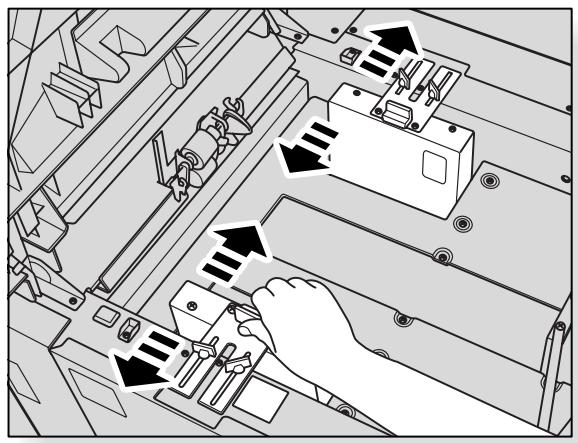 Technical diagram showing mechanical assembly with directional arrows indicating movement or force vectors, likely illustrating a process or assembly step.