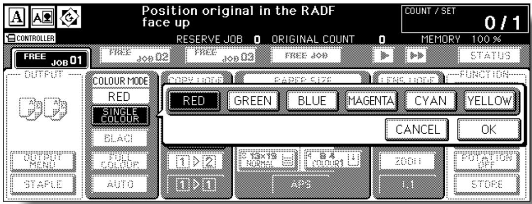 Position original in the RADF face up COUNT / SET 0 / 1 CONTROLLER RESERVE JOB 0 ORIGINAL COUNT 0 MEMORY 100 % FREE JOB 01 FREE JOB 02 FREE JOB 03 FREE JOB STATUS OUTPUT COLOUR MODE RED SINGLE COLOUR BLACK FULL COLOUR AUTO PAPY LONE PAPER SIZE FNS LONE FUNCTION RED GREEN BLUE MAGENTA CYAN YELLOW CANCEL OK OUTPUT MENU STAPLE 1 > 2 1 > 1 12×18 NAME COLOR1 2001 POTATION OFF 1.1 STORE
