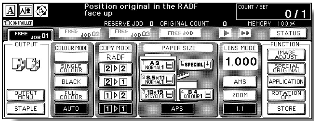Position original in the RADF face up COUNT / SET 0 / 1 CONTROLLER RESERVE JOB 0 ORIGINAL COUNT 0 MEMORY 100 % FREE JOB 01 FREE JOB 02 FREE JOB 03 FREE JOB STATUS OUTPUT COLOUR MODE COPY MODE PAPER SIZE LENS MODE FUNCTION A B A B SINGLE RADF A3 NORMAL1 ESPECIAL BLACK 2 ▷ 2 2 ▷ 1 3 13×19 NORMAL1 FULL COLOUR 1 ▷ 2 4 B4 COLOUR1 OUTPUT MENU AUTO APS ZOOM 1:1 1:1 1.000 STAPLE STORE