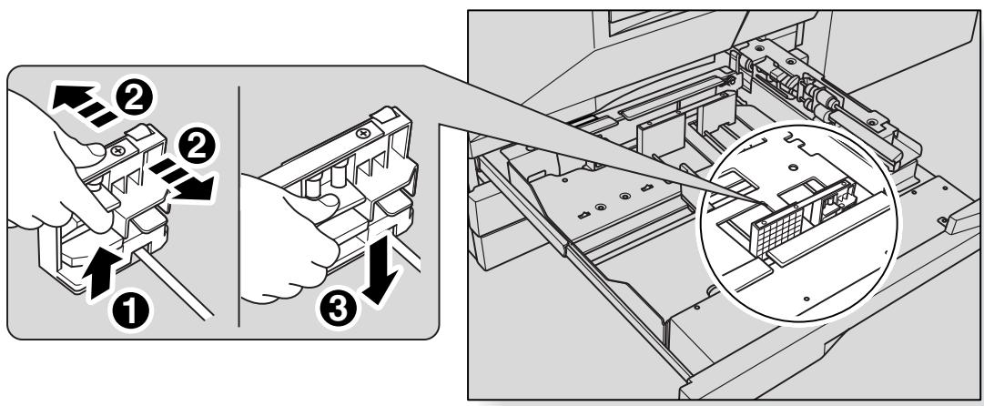 Technical diagram showing assembly steps of a printer with labeled components and a close-up view of the internal structure.