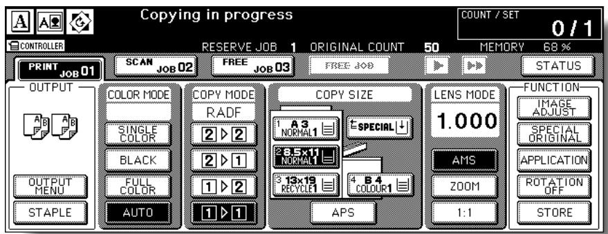 Copying in progress COUNT / SET 0 / 1 CONTROLLER RESERVE JOB 1 ORIGINAL COUNT 50 MEMORY 68 % PRINT JOB 01 SCAN JOB 02 FREE JOB 03 FREE JOB STATUS OUTPUT COLOR MODE COPY MODE COPY SIZE LENS MODE FUNCTION A B C D E F G H I J M I N SINGLE COLOR BLACK FULL COLOR AUTO AUTO APS NAME ADJUST SPECIAL ORIGINAL AMS ZOOM 1:1 STAPLE OUTPUT MENU APPLICATION ROTATION OFF STORE