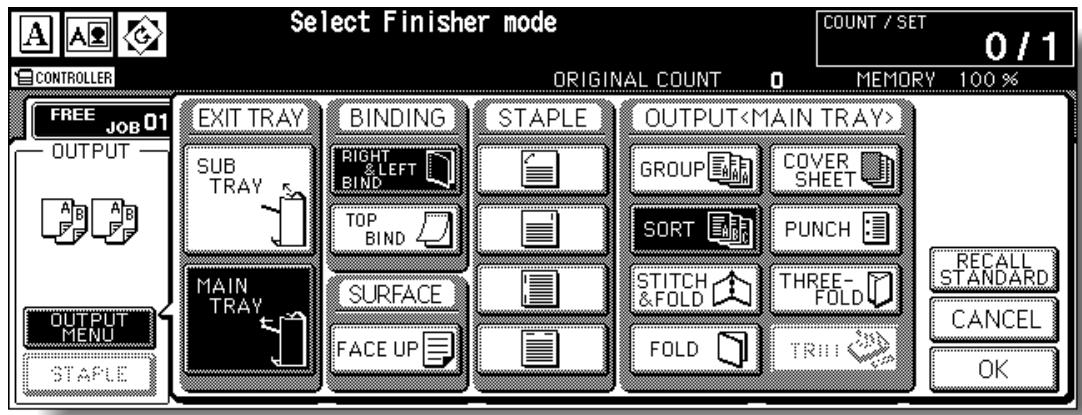 Select Finisher mode COUNT / SET 0 / 1 CONTROLLER ORIGINAL COUNT 0 MEMORY 100 % FREE JOB 01 OUTPUT A B A B OUTPUT MENU STAPLE EXIT TRAY SUB TRAY MAIN TRAY BINDING RIGHT & LEFT BIND TOP BIND SURFACE FACE UP STAPLE OUTPUT GROUP COVER SHEET SORT PUNCH STITCH &FOLD THREE-FOLD FOLD TRIM RECALL STANDARD CANCEL OK
