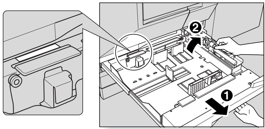 Technical diagram showing a printer's internal structure with labeled parts, including a zoomed-in view and assembly steps.