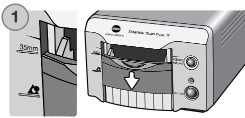 KONICA MINOLTA SCAN DUAL IV - Loading a film holder into the scanner - 1