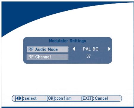 Modulator Settings RF Audio Mode PAL BG RF Channel 37 [◀]: select [OK]: confirm [EXIT]: Cancel