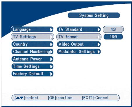 System Setting Language TV Settings Country Channel Numbering Antenna Power Time Settings Factory Default TV Standard 4:3 TV format 16:9 Video Output Modulator Settings [▲▼]: select [OK]: confirm [EXIT]: Cancel
