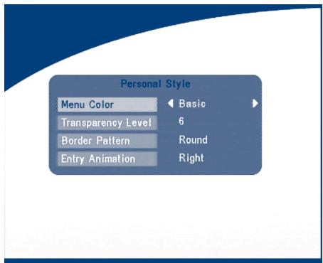 Personal Style Menu Color ← Basic → Transparency Level 6 Border Pattern Round Entry Animation Right