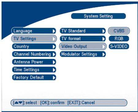 System Setting Language TV Settings Country Channel Numbering Antenna Power Time Settings Factory Default TV Standard TV format Video Output Modulator Settings CVBS RGB S-VIDEO [▲▼]:select [OK]:confirm [EXIT]:Cancel
