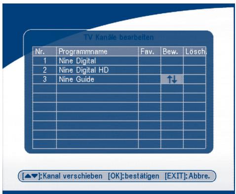 TV Kanäle bearbeiten Nr. Programmname Fav. Bew. Lösch. 1 Nine Digital 2 Nine Digital HD 3 Nine Guide ↑↓ [▲▼]:Kanal verschieben [OK]:bestätigen [EXIT]:Abbre.