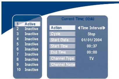 Current Time; 00:40 1 Active 2 Inactive 3 Inactive 4 Inactive 5 Inactive 6 Inactive 7 Inactive 8 Inactive 9 Inactive 10 Inactive Current Time; 00:40 Action Cycle Stop Start Date 01/01/2004 Start Time 00:37 End Time 00:00 Channel Type TV Channel Name