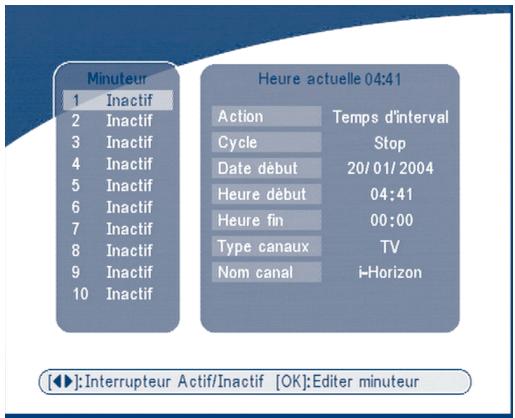 Minuteur 1 Inactif 2 Inactif 3 Inactif 4 Inactif 5 Inactif 6 Inactif 7 Inactif 8 Inactif 9 Inactif 10 Inactif Heure actuelle 04:41 Action Temps d'interval Cycle Stop Date début 20/01/2004 Heure début 04:41 Heure fin 00:00 Type canaux TV Nom canal i-Horizon [◀]:Interrupteur Actif/Inactif [OK]:Editor minuteur