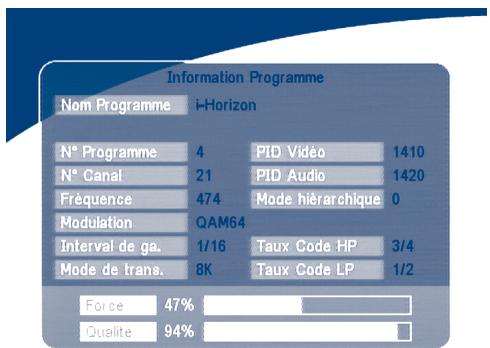 Information Programme Nom Programme i-Horizon N° Programme 4 PID Vidéo 1410 N° Canal 21 PID Audio 1420 Fréquence 474 Mode hiérarchique 0 Modulation QAM64 Interval de ga. 1/16 Taux Code HP 3/4 Mode de trans. 8K Taux Code LP 1/2 Force 47% Qualité 94%