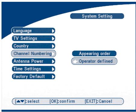 System Setting Language TV Settings Country Channel Numbering Antenna Power Time Settings Factory Default Appearing order Operator defined [▲▼]:select [OK]:confirm [EXIT]:Cancel