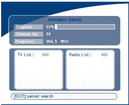 Automatic Search Progress 03% Channel No 04 Frequency 064.5 MHz TV List : 000 Radio List : 000 [EXIT]:cancel search