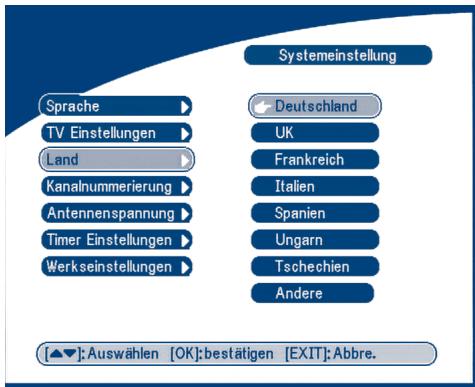 Systemeinstellung Sprache TV Einstellungen Land Kanalnummerierung Antennenspannung Timer Einstellungen Werkseinstellungen Deutschland UK Frankreich Italien Spanien Ungarn Tschechien Andere [▲▼]: Auswählen [OK]: bestätigen [EXIT]: Abbre.