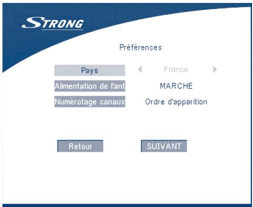 STRONG Préférences Pays Alimentation de l'ant Numérotage canaux France MARCHE Ordre d'apparition Retour SUIVANT
