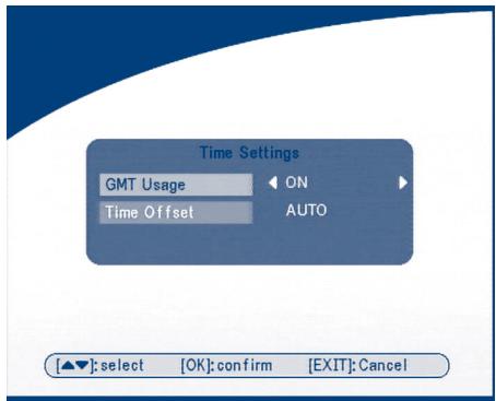 Time Settings GMT Usage ON Time Offset AUTO [▲▼]: select [OK]: confirm [EXIT]: Cancel