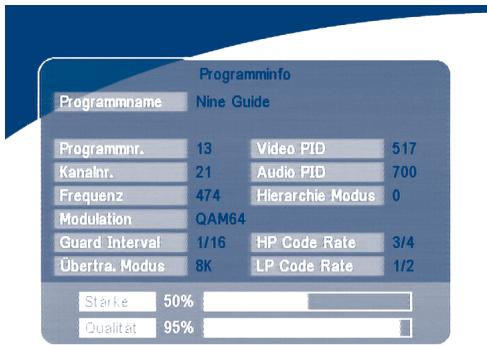 Programminfo Programname Nine Guide Programmr. 13 Video PID 517 Kanalnr. 21 Audio PID 700 Frequenz 474 Hierarchie Modus 0 Modulation QAM64 Guard Interval 1/16 HP Code Rate 3/4 Übertra. Modus 8K LP Code Rate 1/2 Starke 50% Qualitat 95%