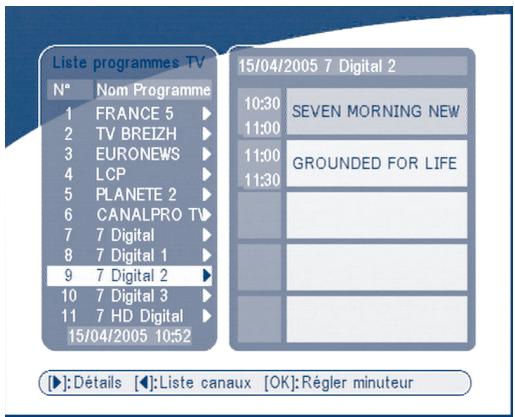 Liste programmes TV N° Nom Programme 1 FRANCE 5 ▶ 2 TV BREIZH ▶ 3 EURONEWS ▶ 4 LCP ▶ 5 PLANETE 2 ▶ 6 CANALPRO TV ▶ 7 7 Digital ▶ 8 7 Digital 1 ▶ 9 7 Digital 2 ▶ 10 7 Digital 3 ▶ 11 7 HD Digital ▶ 15/04/2005 10:52 15/04/2005 7 Digital 2 10:30 SEVEN MORNING NEW 11:00 GROUNDED FOR LIFE 11:00 11:30 : : : : : : : : : : : : : : : : : : : : : : : : : : : : : : : : : : : : : : : : : : : : : : : : : : : : : : : : : : : : : : : : : : : : : : : : : : : : : : : : : : : : : : : : : : : : : : : : : : : : ): :Détails [◆]:Liste canaux [OK]:Régler minuteur