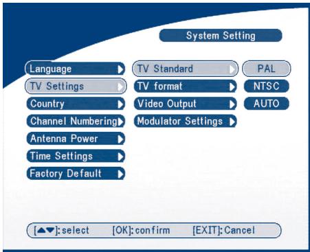 System Setting Language TV Settings Country Channel Numbering Antenna Power Time Settings Factory Default TV Standard TV format Video Output Modulator Settings PAL NTSC AUTO [▲▼]:select [OK]:confirm [EXIT]:Cancel
