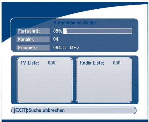Automatische Suche Fortschritt 05% Kanalnr. 04 Frequenz 064.5 MHz TV Liste: 000 Radio Liste: 000 [EXIT]:Suche abbrechen