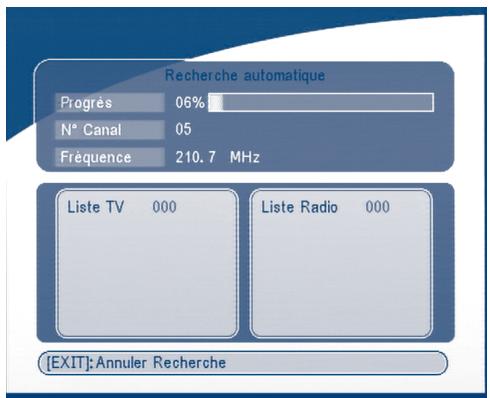 Recherche automatique Progrès 06% N° Canal 05 Fréquence 210.7 MHz Liste TV 000 Liste Radio 000 [EXIT]: Annuler Recherche