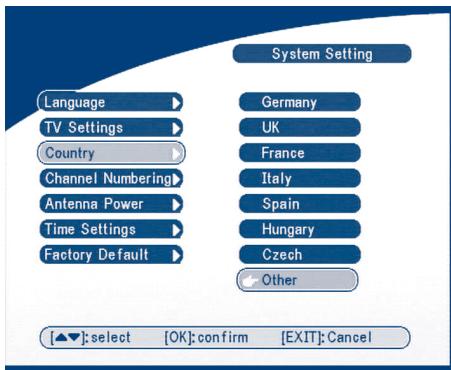 System Setting Language TV Settings Country Channel Numbering Antenna Power Time Settings Factory Default Germany UK France Italy Spain Hungary Czech Other [▲]: select [OK]: confirm [EXIT]: Cancel