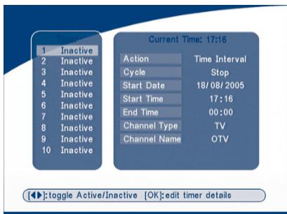 1 Inactive 2 Inactive 3 Inactive 4 Inactive 5 Inactive 6 Inactive 7 Inactive 8 Inactive 9 Inactive 10 Inactive Current Time: 17:16 Action Time Interval Cycle Stop Start Date 18/08/2005 Start Time 17:16 End Time 00:00 Channel Type TV Channel Name OTV [◀]:toggle Active/Inactive [OK]:edit timer details