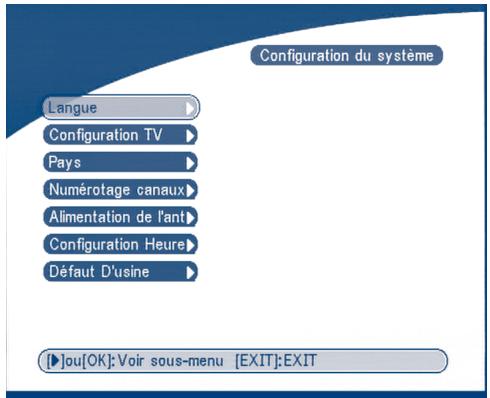 Configuration du système Langue Configuration TV Pays Numérotage canaux Alimentation de l'ant Configuration Heure Défaut D'usine [▶]ou[OK]: Voir sous-menu [EXIT]:EXIT