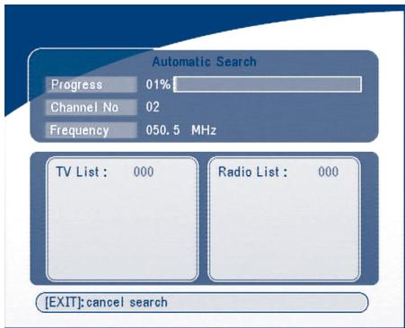 Automatic Search Progress 01% Channel No 02 Frequency 050.5 MHz TV List : 000 Radio List : 000 [EXIT]:cancel search