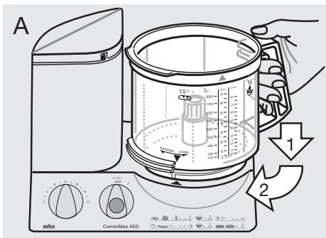 BRAUN COMBIMAX 600 - Attaching the food processor bowl ⑥ and the lid ⑦ - 1
