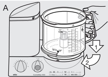 BRAUN COMBIMAX 600 - Fixation du bol du robot culinaire ⑥ et du couvercle ⑦ - 1