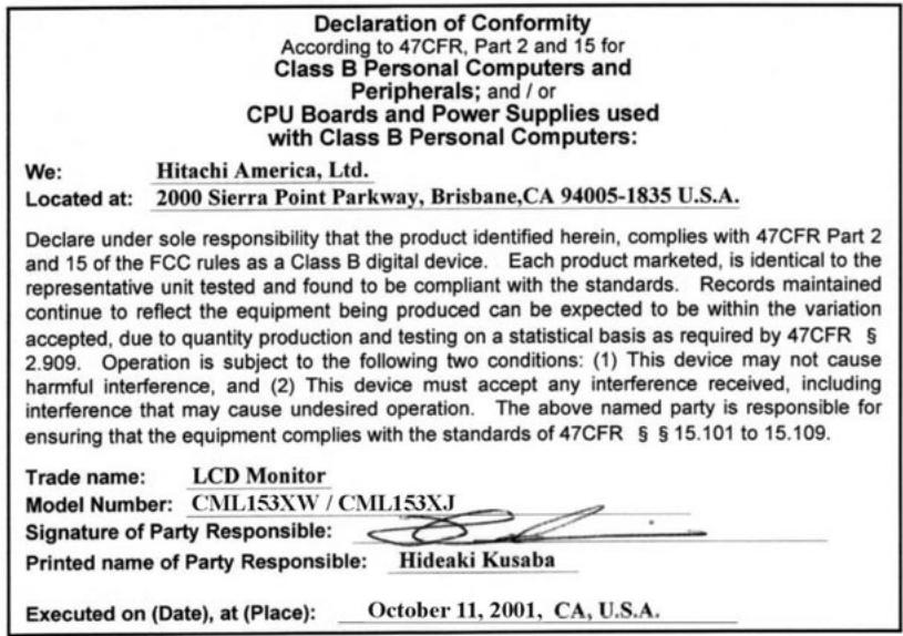 HITACHI CML153XW - FCC Statement Warning - 1