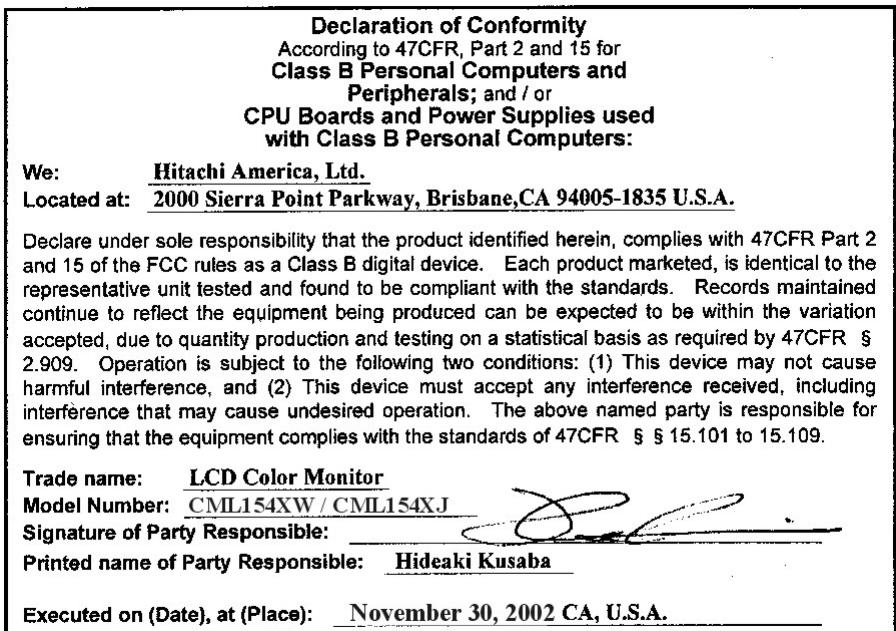 HITACHI CML154XW - FCC Statement Warning - 1