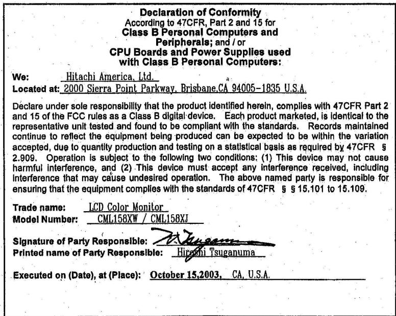 HITACHI CML158XW - FCC Statement Warning - 1