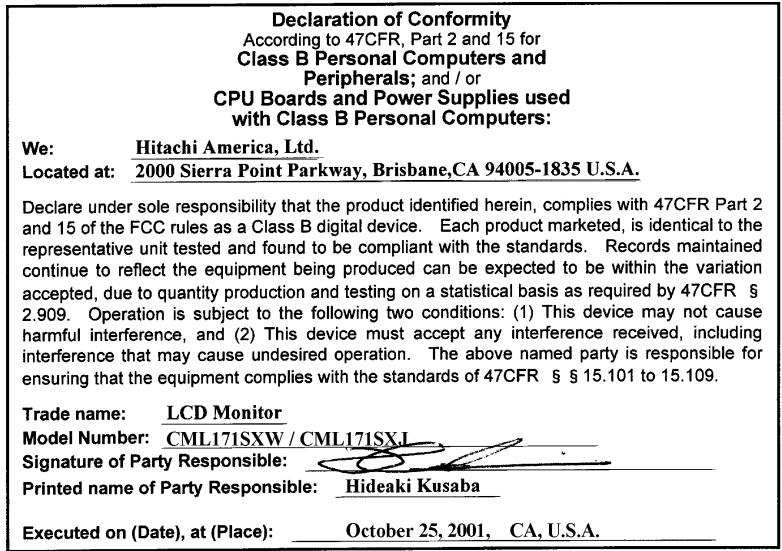 HITACHI CML171SXW - FCC Statement Warning - 1