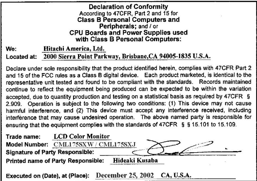 HITACHI CML175SXW2 - FCC Statement Warning - 1
