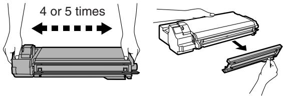 OLIVETTI D-COPIA 120/150 - Remove the TD cartridge from the bag. Remove the protective paper. Hold the cartridge on both sides and shake it horizontally four or five times. Hold the tab of the protective cover and pull the tab to your side to remove the cover. - 1