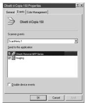 OLIVETTI D-COPIA 120/150 - Click the "Scanner event" button and select "ScanMenu SC1" from the pull-down menu. Select "Button Manager (Olivetti Personal MFP Series)" in "Send to this application" and click "Apply". - 2