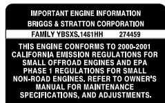 BRIGGS & STRATTON BRIGGS & STRATTON 21A400 - After July 1, 2000, Look For Emissions Compliance Period On Engine Emissions Compliance Label - 1