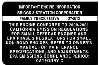 BRIGGS & STRATTON BRIGGS & STRATTON 210000 - After July 1, 2000, Look For Emissions Compliance Period On Engine Emissions Compliance Label - 1