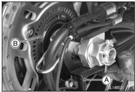 Technical diagram of a car brake system with labeled components A and B, showing mechanical components and wiring.
