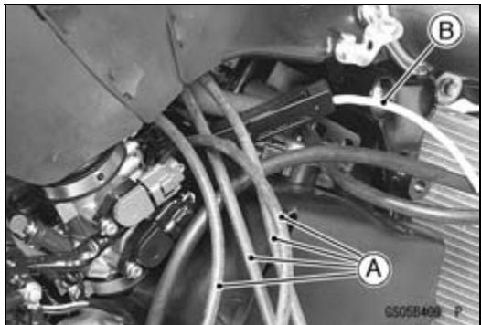 Technical diagram of a mechanical assembly with labeled components A and B, showing wiring and components in a mechanical setup.