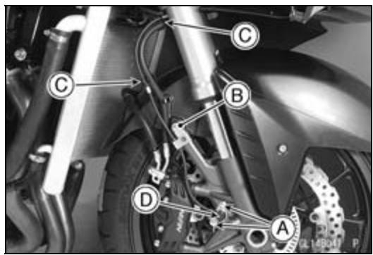 Labeled mechanical components of a motorcycle showing parts A, B, C, D and brake system