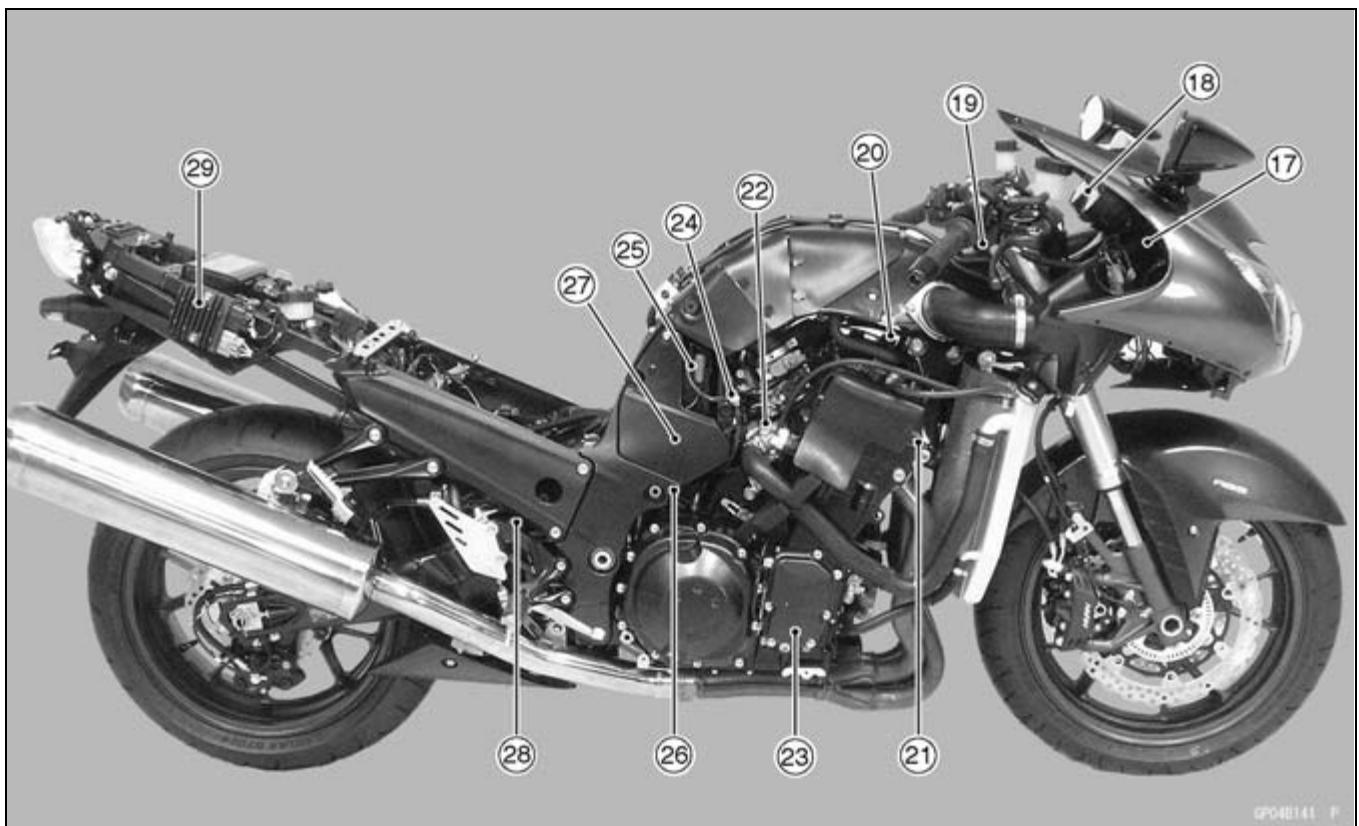 Labeled diagram of a motorcycle with numbered parts for identification