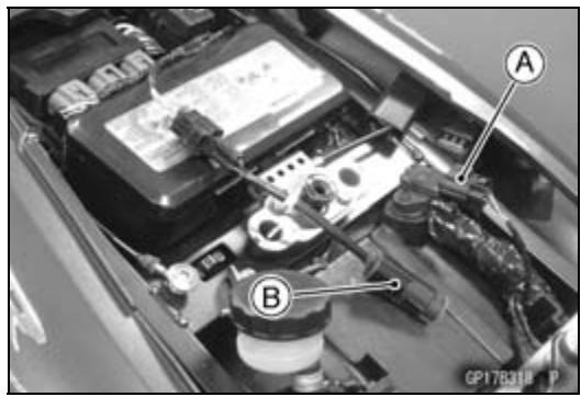 Internal components of a car showing battery, labeled parts A and B with visible wiring and labels