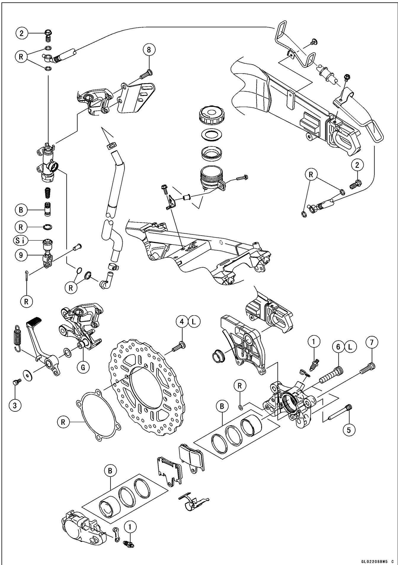 Exploded view diagram of a mechanical assembly with numbered parts and labeled components (R, B, Si)