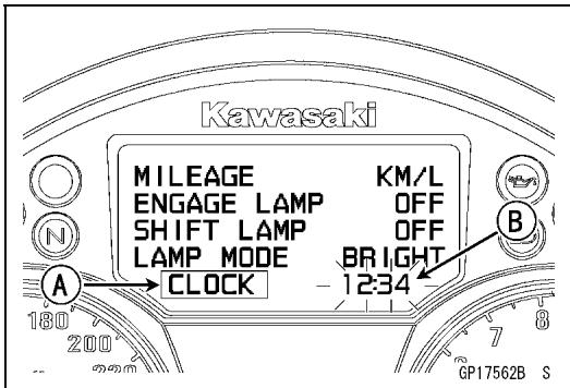 Kawasaki MILEAGE KM/L ENGAGE LAMP OFF SHIFT LAMP OFF LAMP MODE BRIGHT A CLOCK 12:34 B GP17562B S